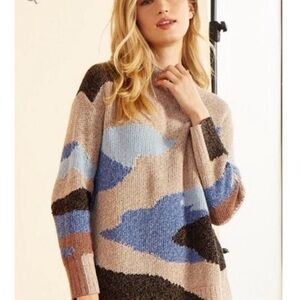 NIC+ZOE Winter Waves Mock Turtleneck Sweater S Blue Brown Clouds Mountains